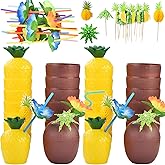 Haundry 18 Coconut Pineapple Cups with 18 Straws, 18 Cocktail Drink Picks, Hawaiian Luau Tiki and Beach Theme Party Decorations for Kids and Adults, Flower