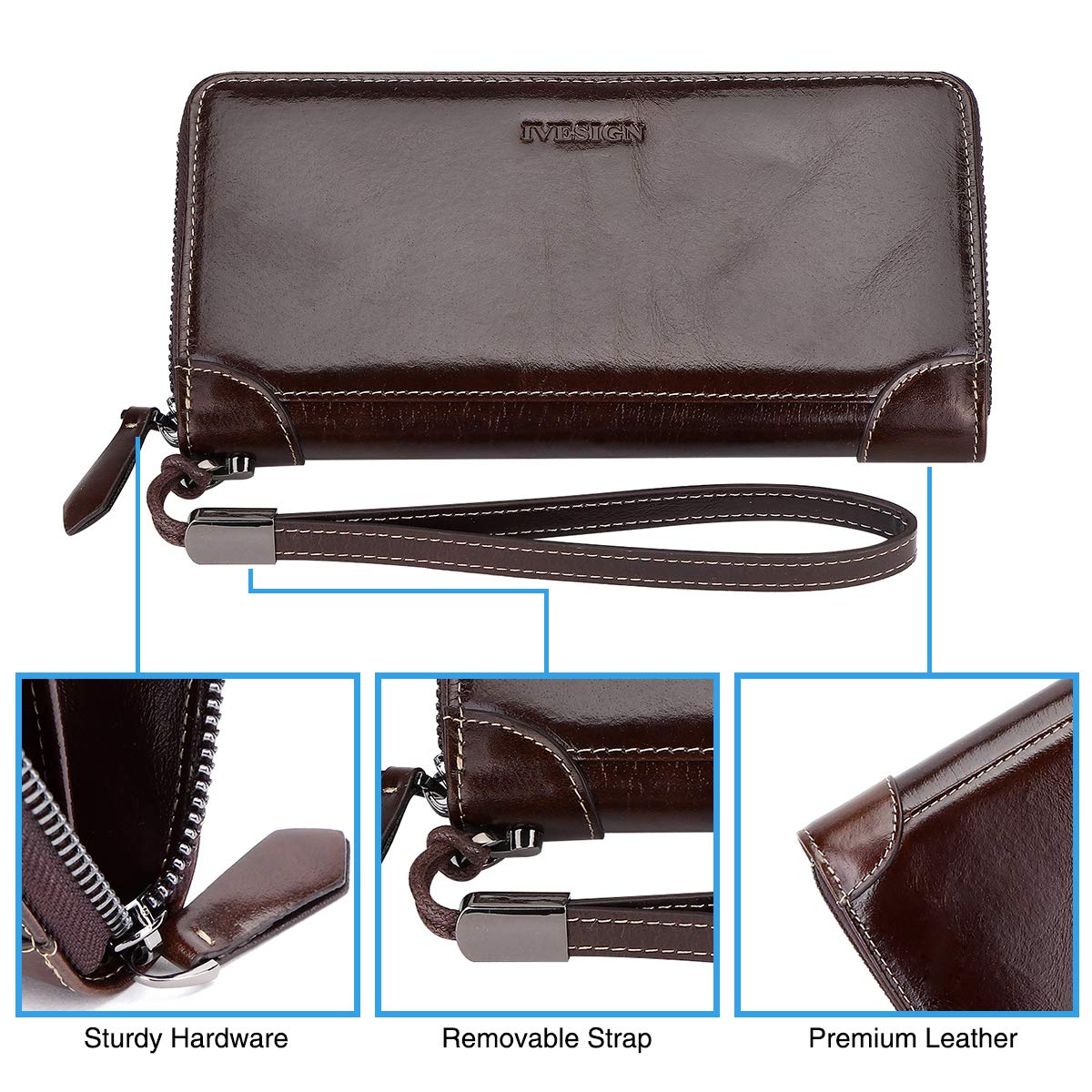 IVESIGN Women\'s Wax Genuine Leather Wallet RFID Blocking Credit Card Holder Organizer Purse With Wristlet (Coffee)