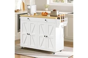 HOOBRO 110 cm Kitchen Island with Storage, Rolling Kitchen Island with Charging Station, Kitchen Islands Cart with Spice Rack