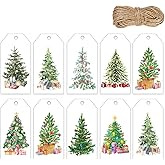 Doumeny 120PCS Christmas Paper Gift Tags Watercolor Xmas Tree Tags with Hemp Rope Merry Christmas Hanging Paper Labels Winter Holiday Name Stickers Xmas Tree Decorative Tag for Gift Wrapping