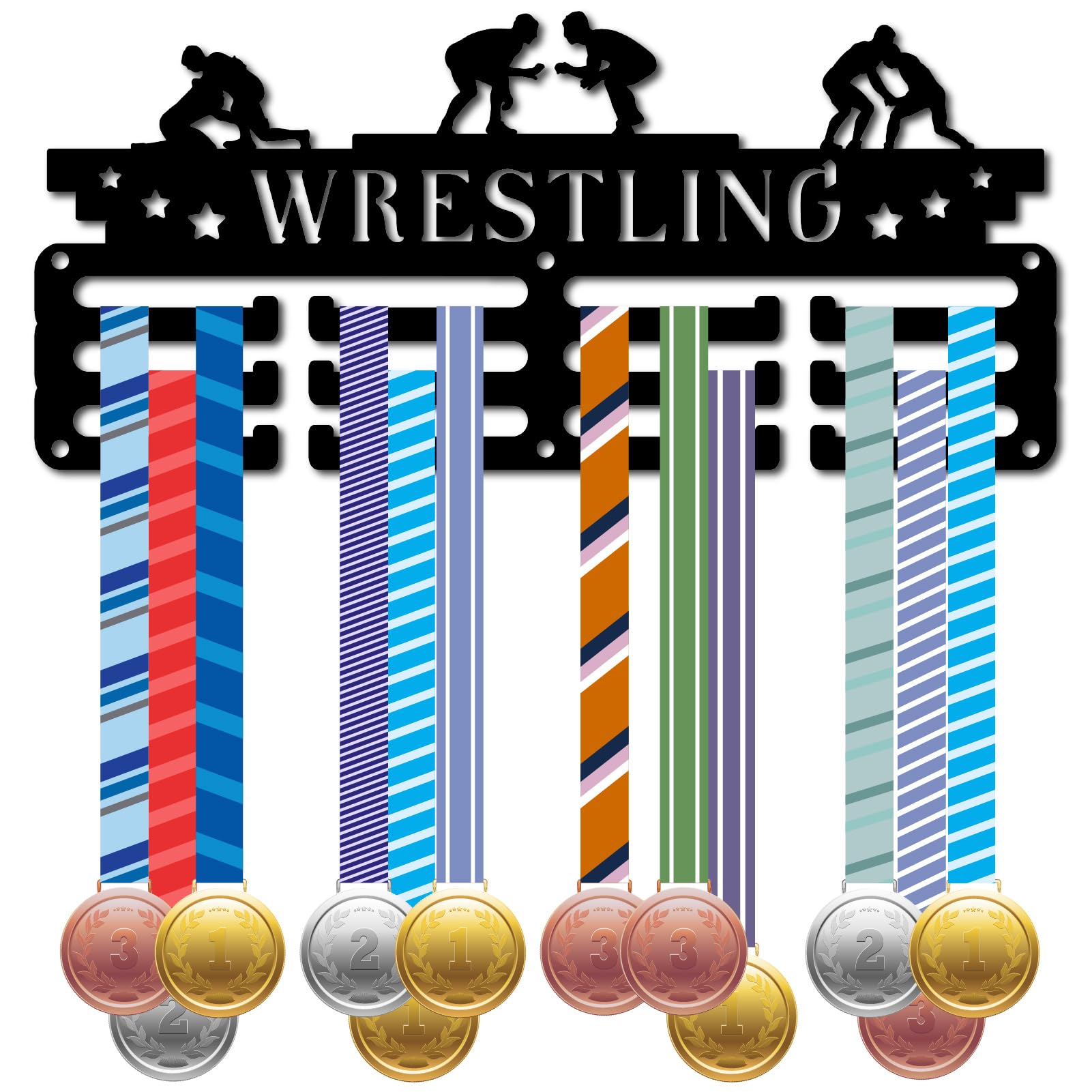 CREATCABIN Wrestling Medal Hangers Medal Holders Display Metal Small Medal Rack Organizer Plaques Hanger Black Football Wall Mounted with 12 Hooks for Awards Ribbons Sports Race 11.4x5Inch