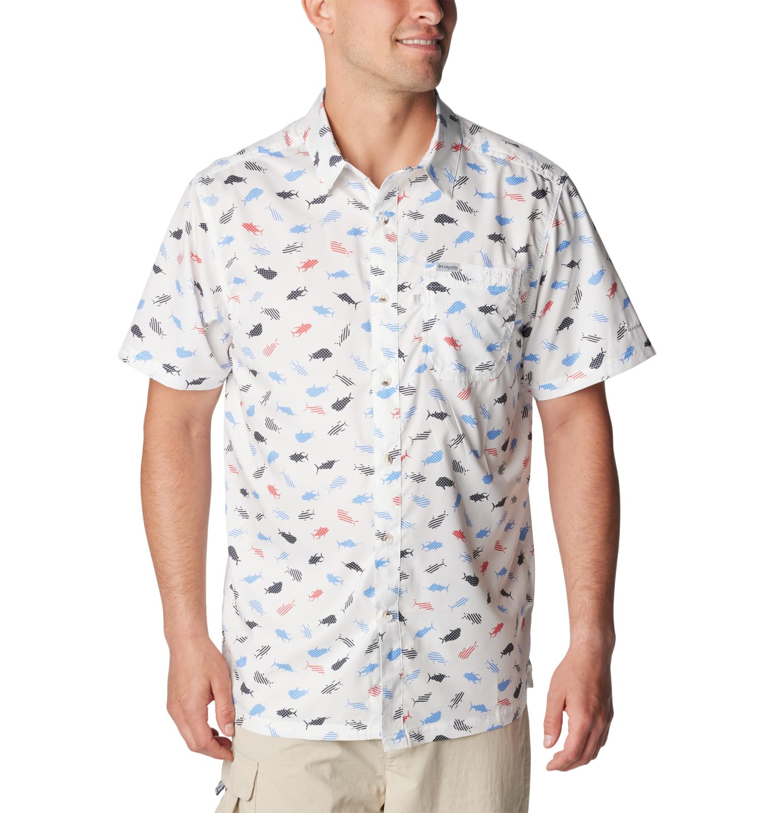 Columbia Men’s Super Slack Tide Camp Shirt, White Stars N Stripes, X-Large
