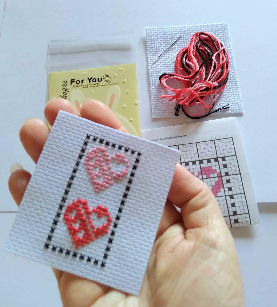 Mini cross stitch kit, two hearts bookmark, easy beginner