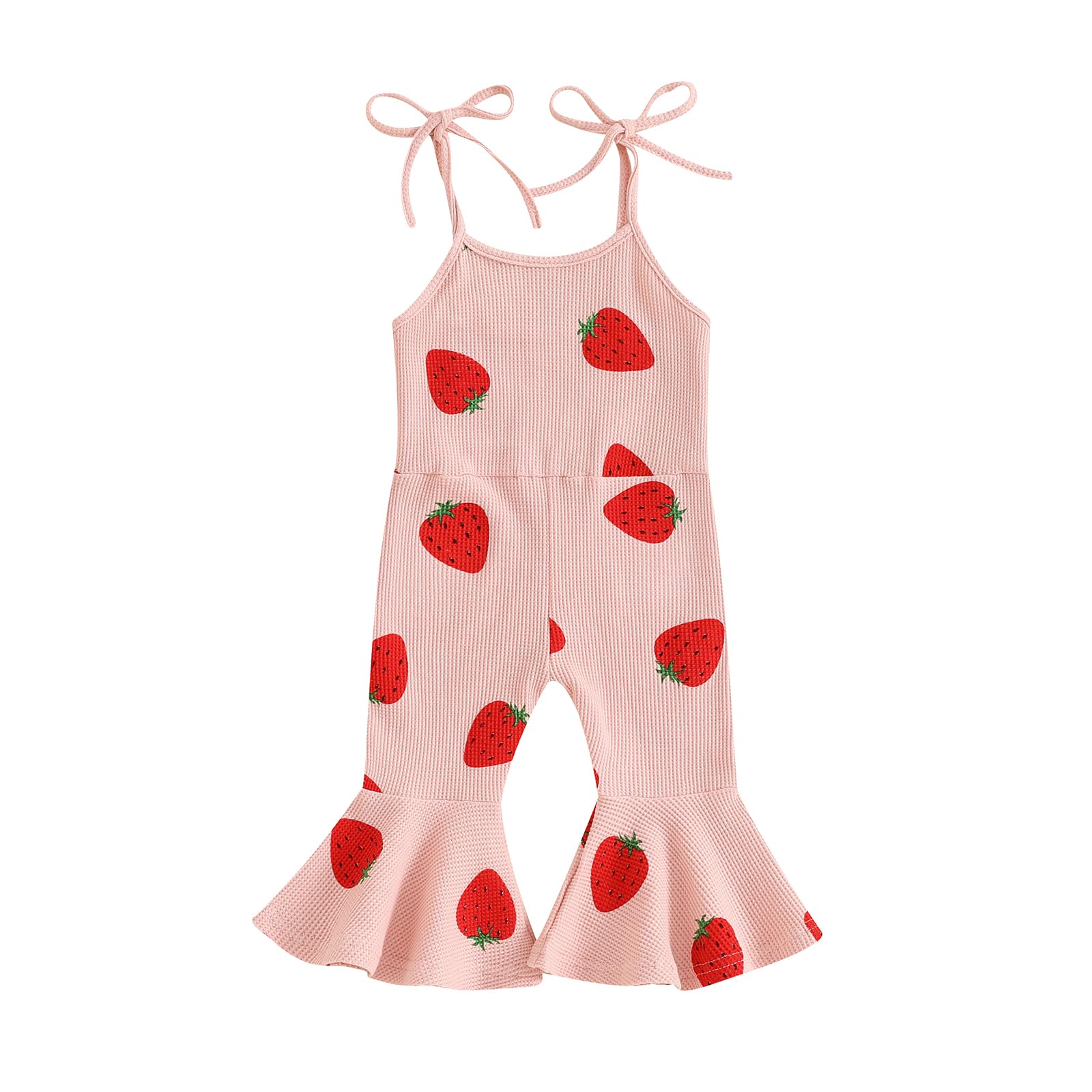 Photo 1 of Partclots Toddler Baby Girl Strawberry Flare Jumpsuit Bell Bottom Romper Summer Outfit Kid Girls Spaghetti Straps One-Piece (Pink-Strawberry, 18-24 Months)