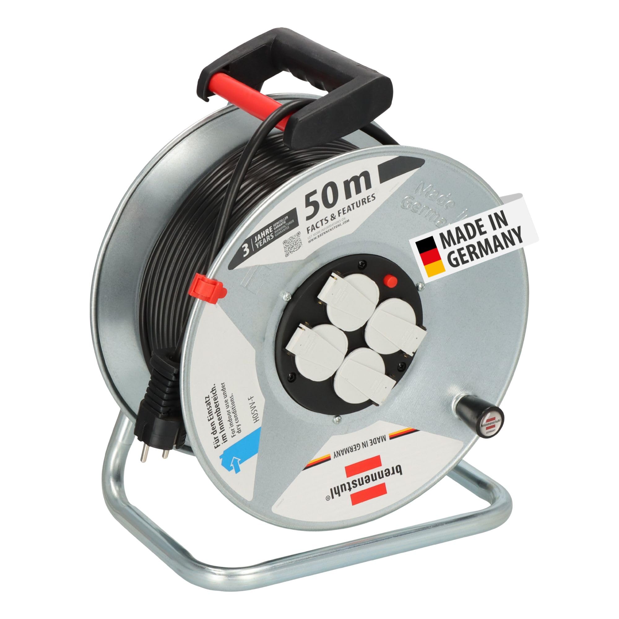 Brennenstuhl Garant S 4 E Cable Reel 50 m Made of Sheet Steel for Indoor Use Made in Germany Silver