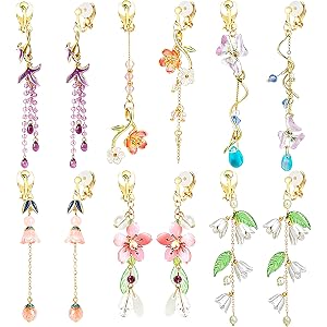NEWITIN 6 Pairs Flower Clip On Earrings for Women Floral Tassel Earring Set | Hypoallergenic, Long Dangle Flower Leaf Designe