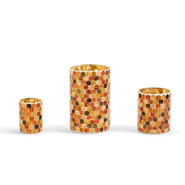TWO’S COMPANY 53235 HONEYCOMB MOSAIC TEALIGHT CANDLEHOLDERS, SET OF 3 IN 3 SIZES, GLASS, MULTICOLOR