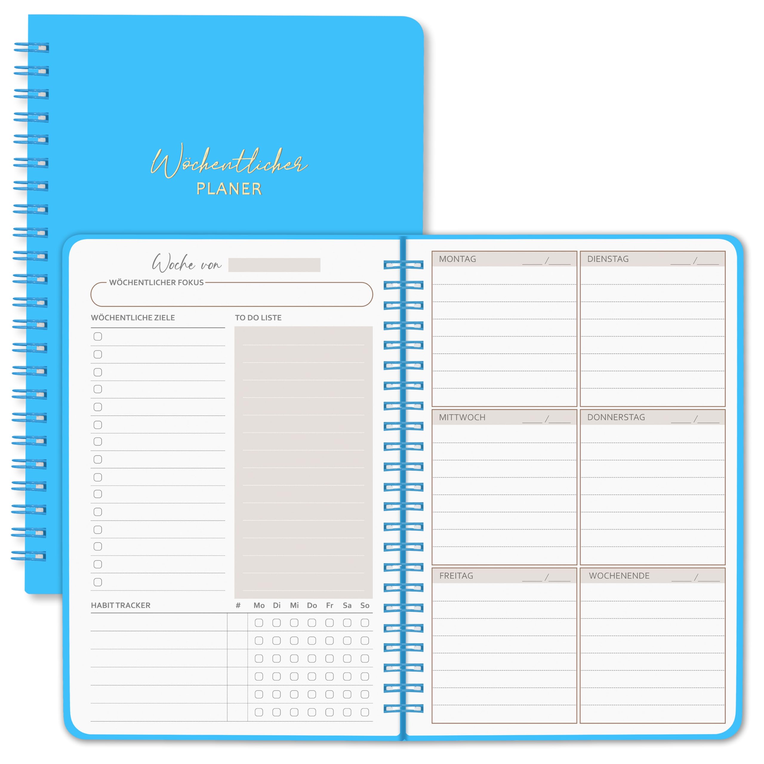 BIROYAL Undated Weekly Planner A5 Weekly Diary with To-Do List, Large Note Field, 52 Sheets Diary in German Ring Binder with Hardcover Planner Aquamarine