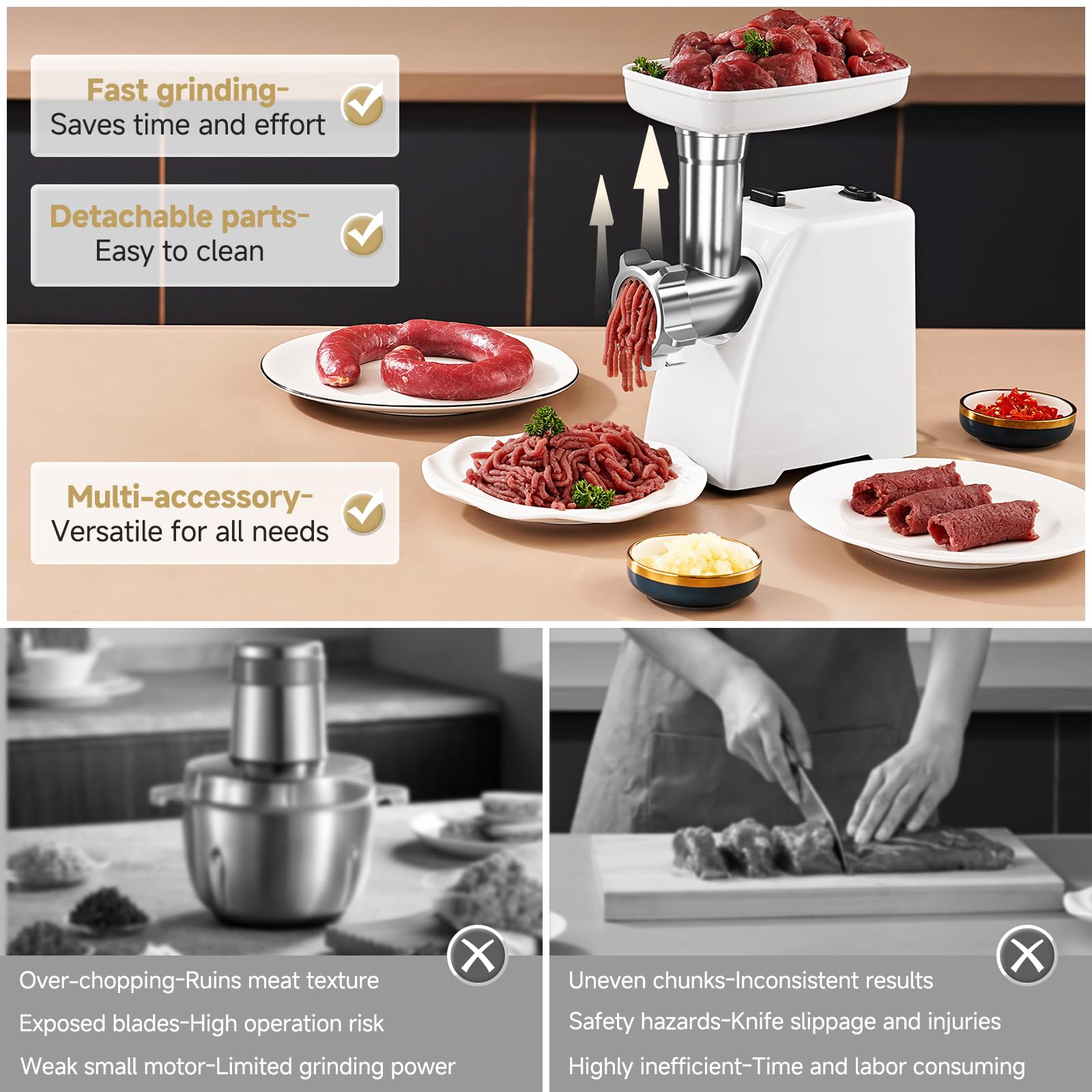 AMZCHEF Electric Meat Grinder,Sausage Stuffer Maker With Blades,3 Plates, Sausage Tube & Kubbe Kit for Home & Kitchen Using