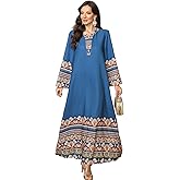 Muslim Moroccan Kaftan Abaya for Women with Floral Border Print Dubai Robe Ramadan Prayer Dress Islamic Traditional Wear
