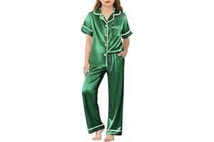 Arshiner Girls Pajamas Silk Satin Button Down Pjs 2 Piece Short Sleeve Sleepwear Set