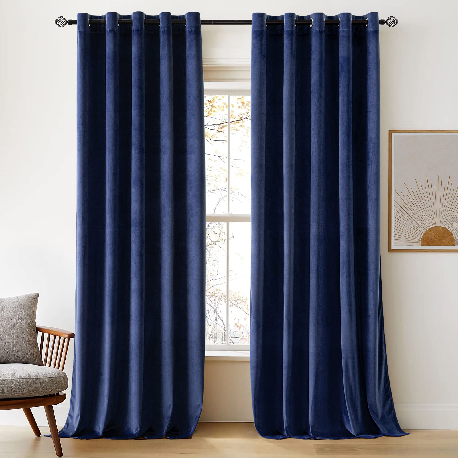 Woaboy Velvet Curtains 90 Drop Navy Blue Curtain for Living Room Thermal Blackout for Bedroom Luxury Eyelet Drapes Soft Window Treatment Insulated Soundproof & Room Darkening W 66 x L 90 2 Panels
