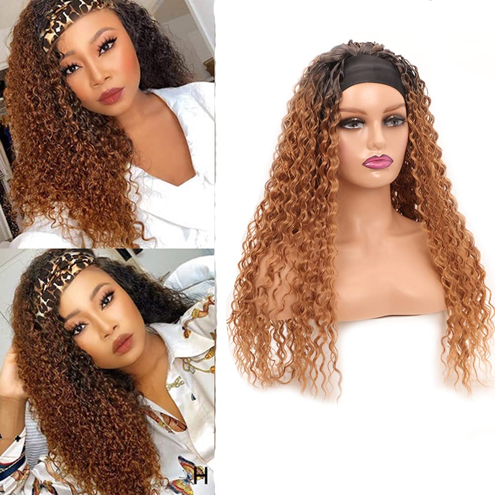 Headband Wig Curly Synthetic Hair Wig None Lace Front Wigs for Black Women Deep Wave Machine Made Wigs Natural Color 26inch (R2/27/30)