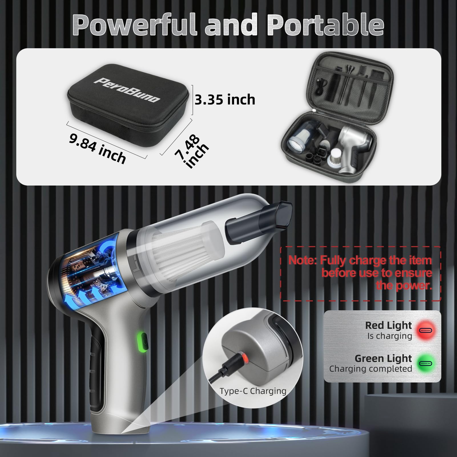 PeroBuno Mini Vacuum Cleaner for Car, 18KPa Powerful Brushless Motor Handheld Vacuum Cordless, Portable Car Vaccum with Rechargeable, Compressed Air Duster- Keyboard Cleaner 3-in-1