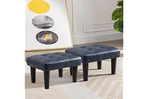 Durfii Small Footstool Ottoman, Faux Leather Wooden Foot Stool Ottoman, Perfect for Living Room, Bedroom, Entryway or Office Seating (Leather Blue,2PCS)
