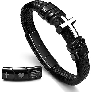 Cross Cuff Bracelet for Men,Catholicism Faith Gift for Baptism Confirmation | Braided Leather Bracelet Red & White Two-Tone C