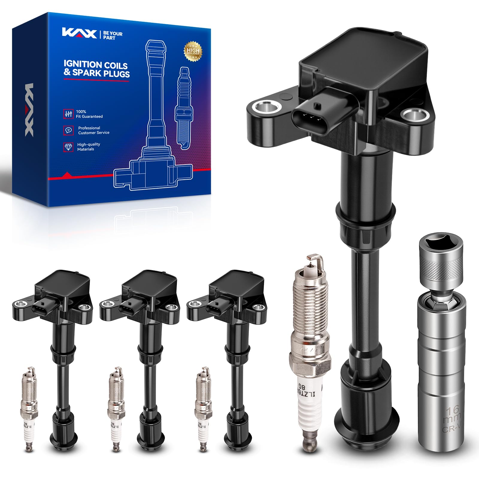 Photo 1 of KAX OEM Performance Set of 4 Ignition Coil Pack & Iridium Spark Plugs w/Magnetic Socket for Ford Escape 2013-2016, Fusion 2013-2014, Fiesta 2014-2019, Transit Connect 2014-2016,1.6T UF674