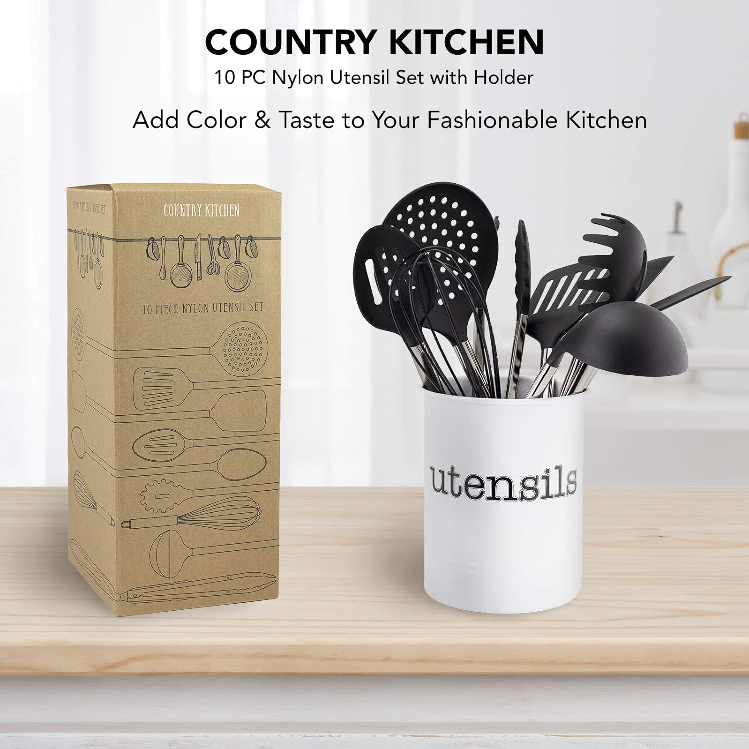 Country Kitchen 10 Piece Nylon Cooking Utensil Set With Holder Black Kitchen Tools And Gadgets With Rounded Gunmetal Handles Kitchen Utensils Gadgets Kitchen Dining Environews Tv