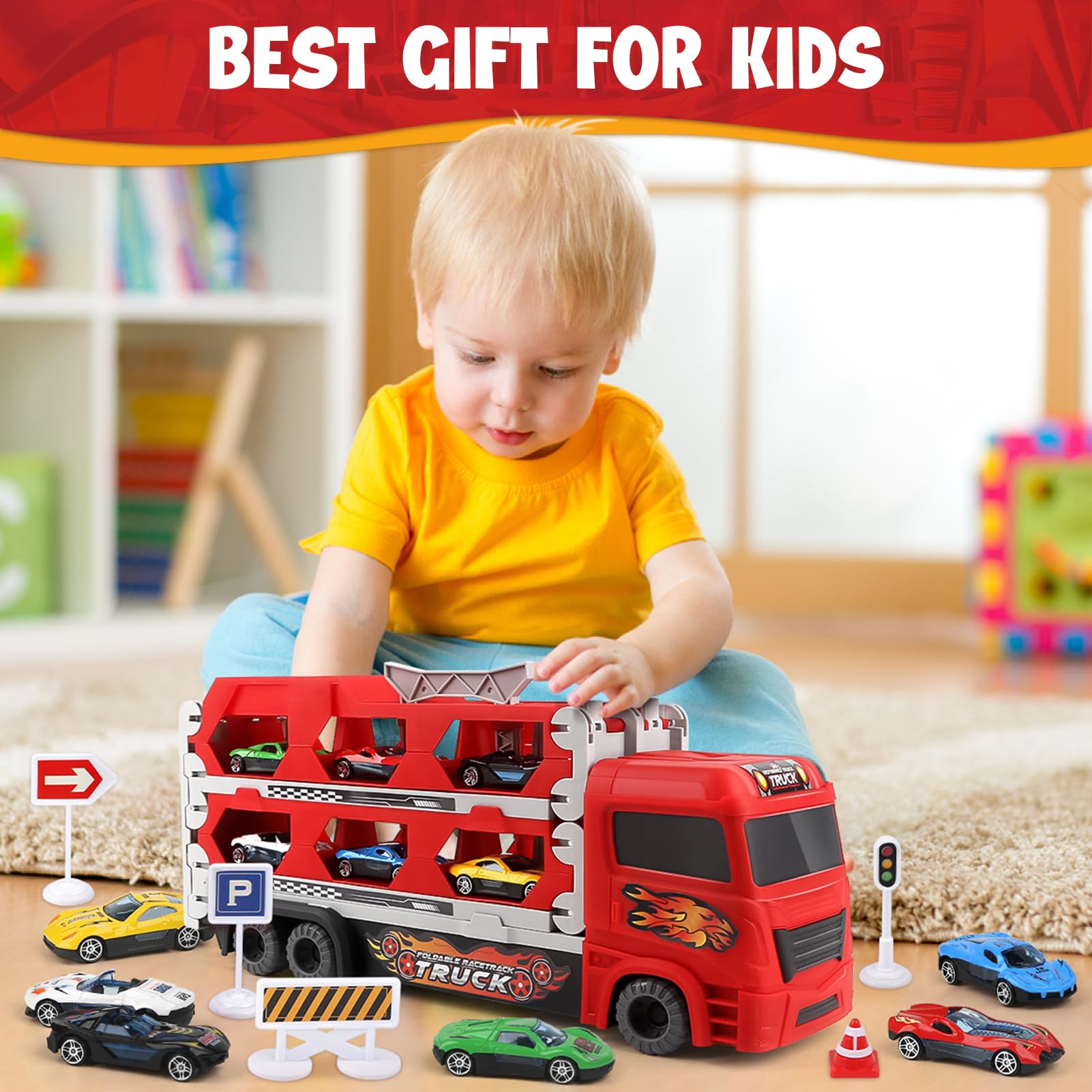 Aoskie Transport Truck Spielzeugautos für Jungen im Alter von 3, 4, 5, 6 Jahren, tragbares Rennbahn Truck Spielzeugauto mit 6 Rennautos, Transporter Fahrzeug Spielzeug Set für Kinder 3