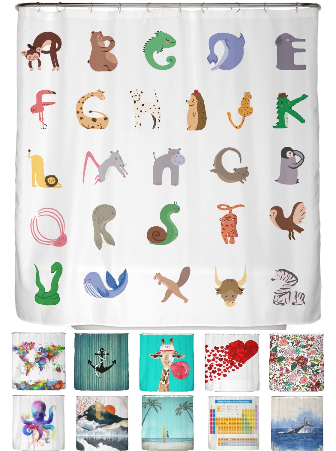 arteneur® - Alphabet Anti-Mould Shower Curtain 180 x 200 cm - Recycled with Oeko-Tex Standard 100 - Weighted Hem Opaque Waterproof Washable 12 Rings & E-Book — image 1