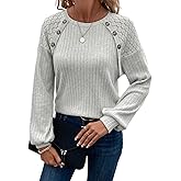 Spriolim Women's Sweaters Lace Long Sleeve Knit Top Button Crew Neck Loose Casual Blouse