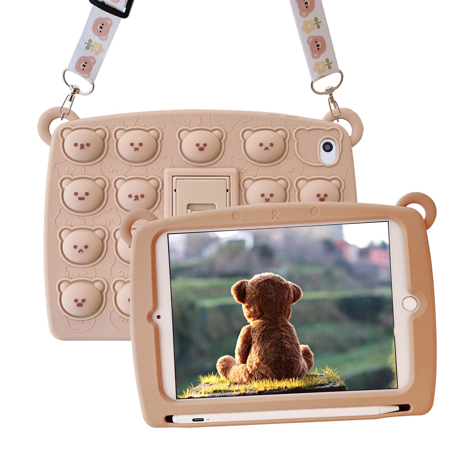 A-BEAUTY Case for iPad 10.2 Inch 2021/2020/2019 (9th/8th/7th Gen) Kids Girls Boys Pretty Cool Funny Design Kawaii Cartoon Silicone Cute Fun Case with Kickstand Lanyard, Brown Bear