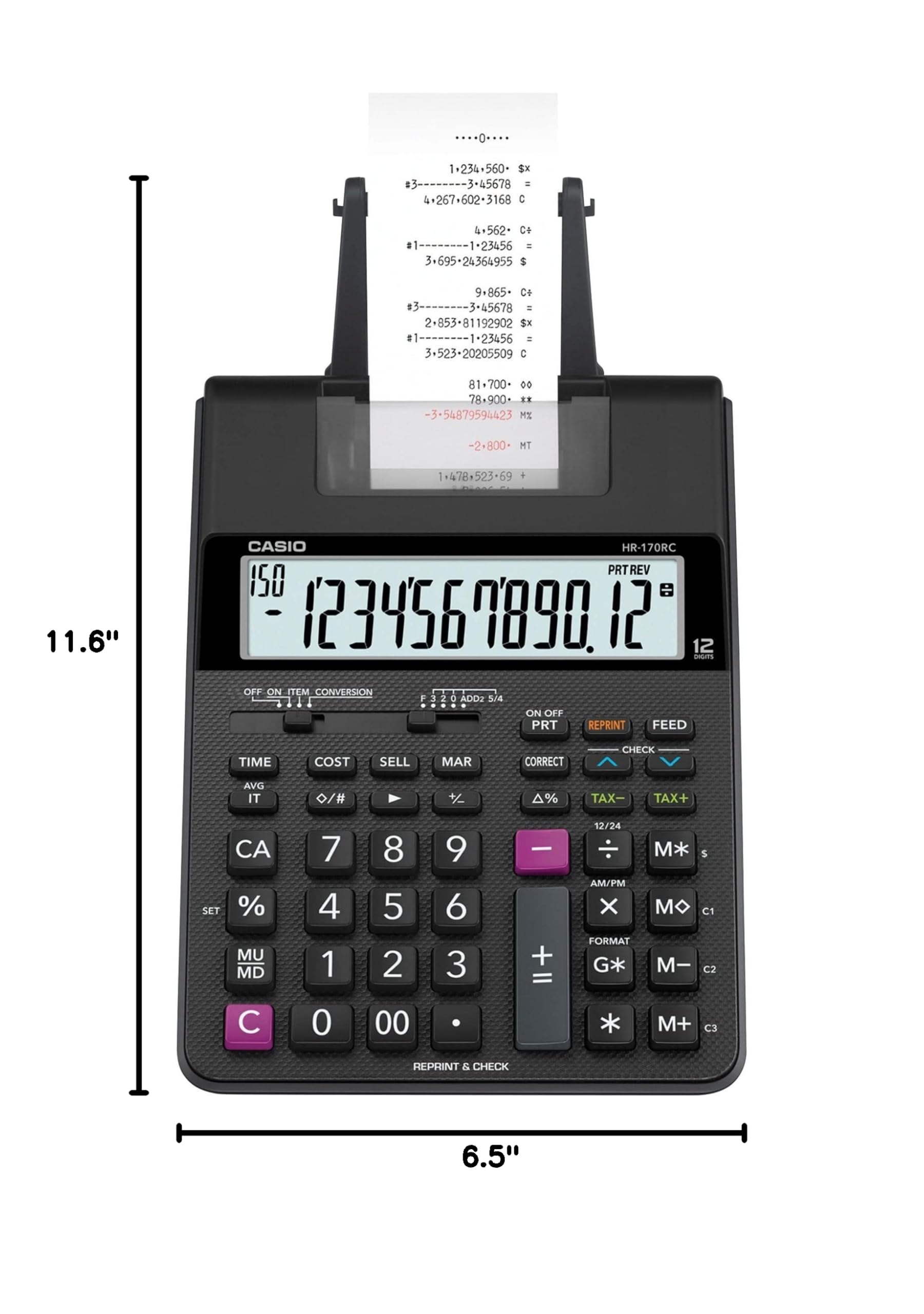 Casio HR-170RC Printing Calculator, Black, 2.6