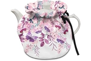 Freewander Tea Pots Cosy Cotton Vintage Printed Tea Cosy for Teapots Dust Cover Insulated Kettle Cover Breakfast Warmer for Home Kitchen Decorative Accessories,Pink Butterfly Flowers Print
