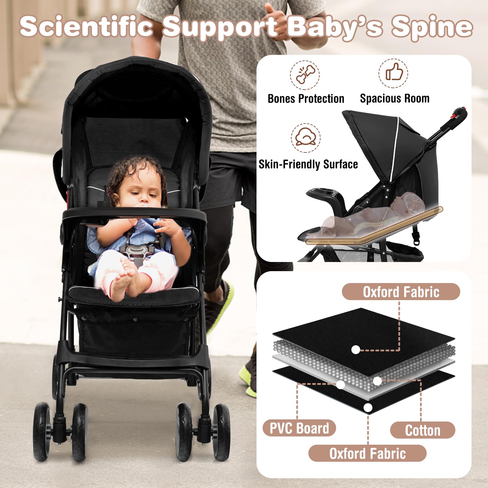 Baby Joy Lightweight Stroller, Compact Toddler Travel Stroller for Airplane, Infant Stroller w/Adjustable Backrest/Footrest/Canopy, 5-Point Harness, Storage Basket, Easy One-Hand Fold, Black