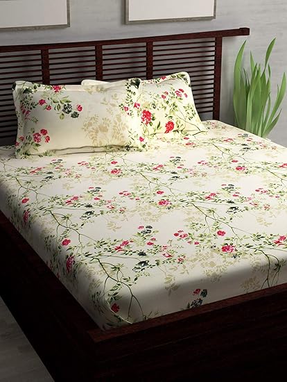 Story@Home 186 TC 100% Cotton Elegant Print 1 Double Bedsheet and 2 Pillow Covers - Floral, Cream