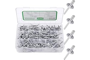 AilemeNova 200PCS Blind Rivets Pop Rivets Assortment Kit, Large flange Aluminum Rivets(1/8" 3/16" 1/4") Assorted Blind Rivets with Case (Silver)