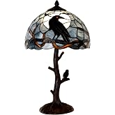 Bieye L10956 Tiffany Style Stained Glass Raven Table Lamp (Blue, 12Wx20H) | Full-moon night scene; bare tree branches; sculpted tree-trunk base; Gothic-inspired statement décor