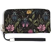 Emersakaler Botanical Insect Floral PU Leather Wristlet Wallet for Women,Zip Around Clutch Purse,Long Credit Card Holder, Travel Phone Shopping Business