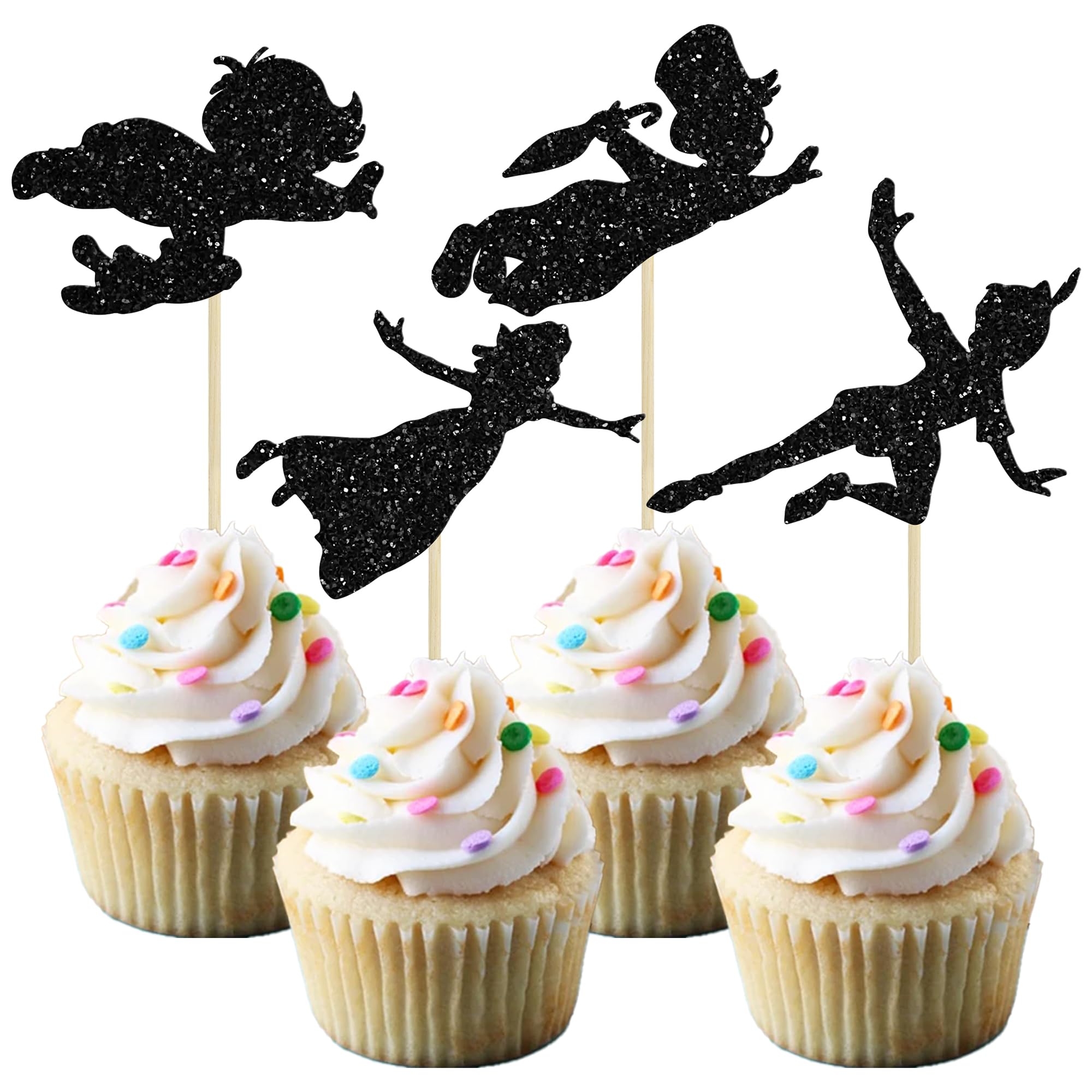 Gyufise 24 Pack Black Glitter Never Grow Up Cupcake Toppers P Pan Cake Toppers Baby Shower Never Grow Up Cupcake Picks for Neverland Theme Boys Girls Adults Birthday Party Cake Decorations