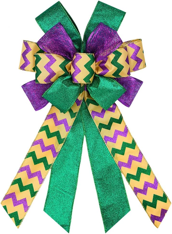 Bows & Ribbons - Hying Halloween Bows for Wreath, Mardi Gras Wreath Bows Glitter Purple Green Bows Holiday Farmhouse Tree Topper Bows Ornaments for Front Door Carnival Party Fat Tuesday Decoration Supplies