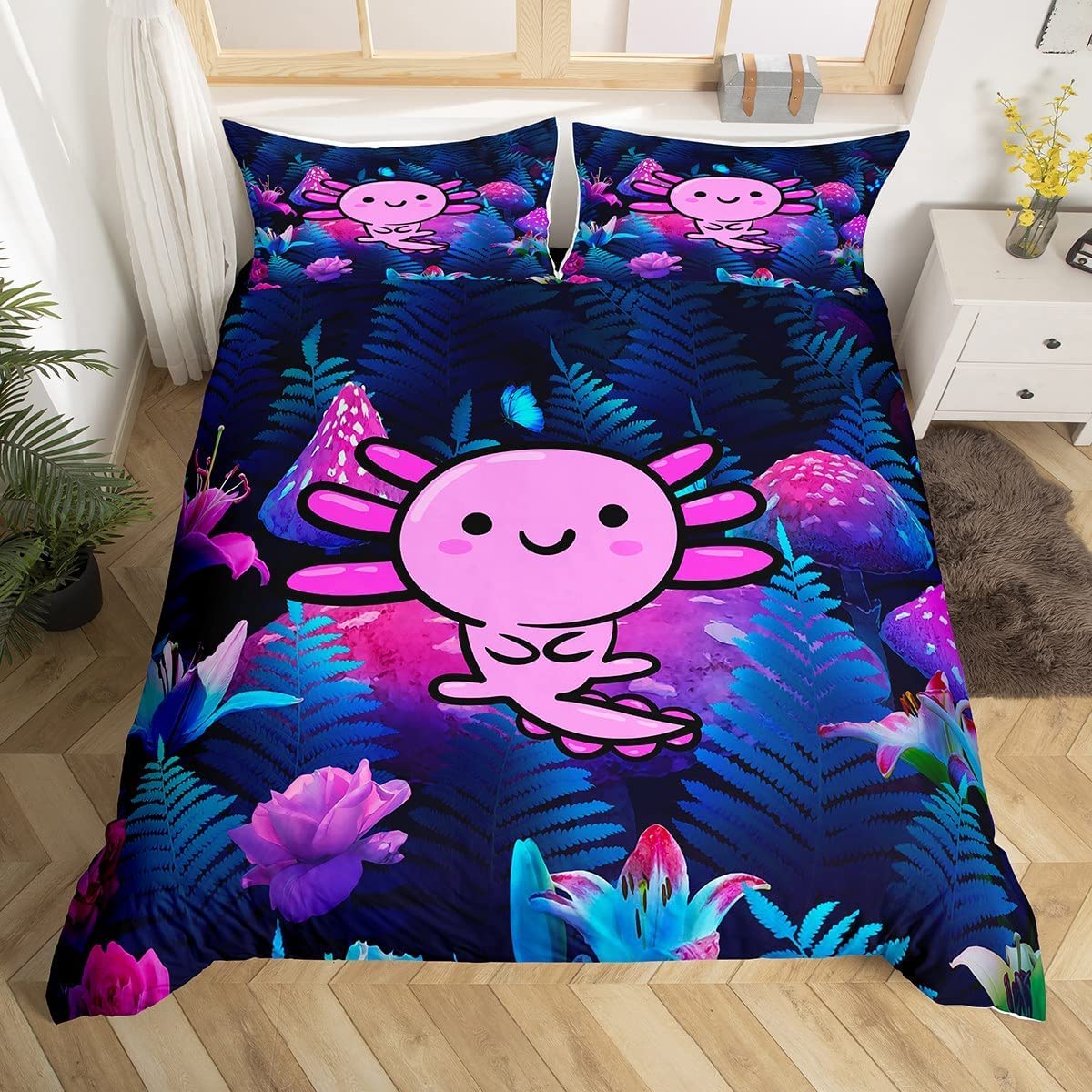 Loussiesd Axolotl Bedding Set Double Girls Pink Axolotl for Bedding Kids Boys Cartoon Salamander Duvet Cover Set Mushroom Leaves Bedding Set Purple Blue Sea Plants Decor with 2 Pillowcase