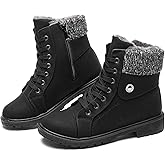 FRACORA Women's PU Leather Combat Boots Warm Fur Lined Black Ankle Booties Side Zipper White Boots Non-slip Winter Boots