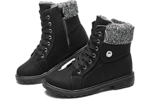 FRACORA Women's PU Leather Combat Boots Warm Fur Lined Black Ankle Booties Side Zipper White Boots Non-slip Winter Boots