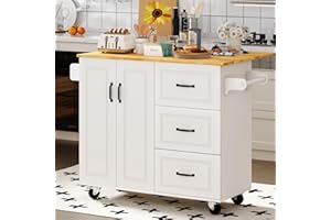 4 EVER WINNER Rolling Kitchen Island with Drop Leaf, Kitchen Island on Wheels with Storage, Mobile Kitchen Island Cart with Spice Rack&Towel Rack, Portable Islands for Kitchen, White
