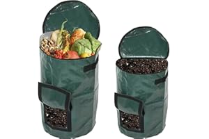 XIANSHENGLE Garden Compost Bag, Outdoor Compost, Reusable Garden Waste Bag with Lid, Collapsible Leaf Lawn Bags (2 Pack 15 Gallon/34 Gallon Multifunction Gardening Container) Green