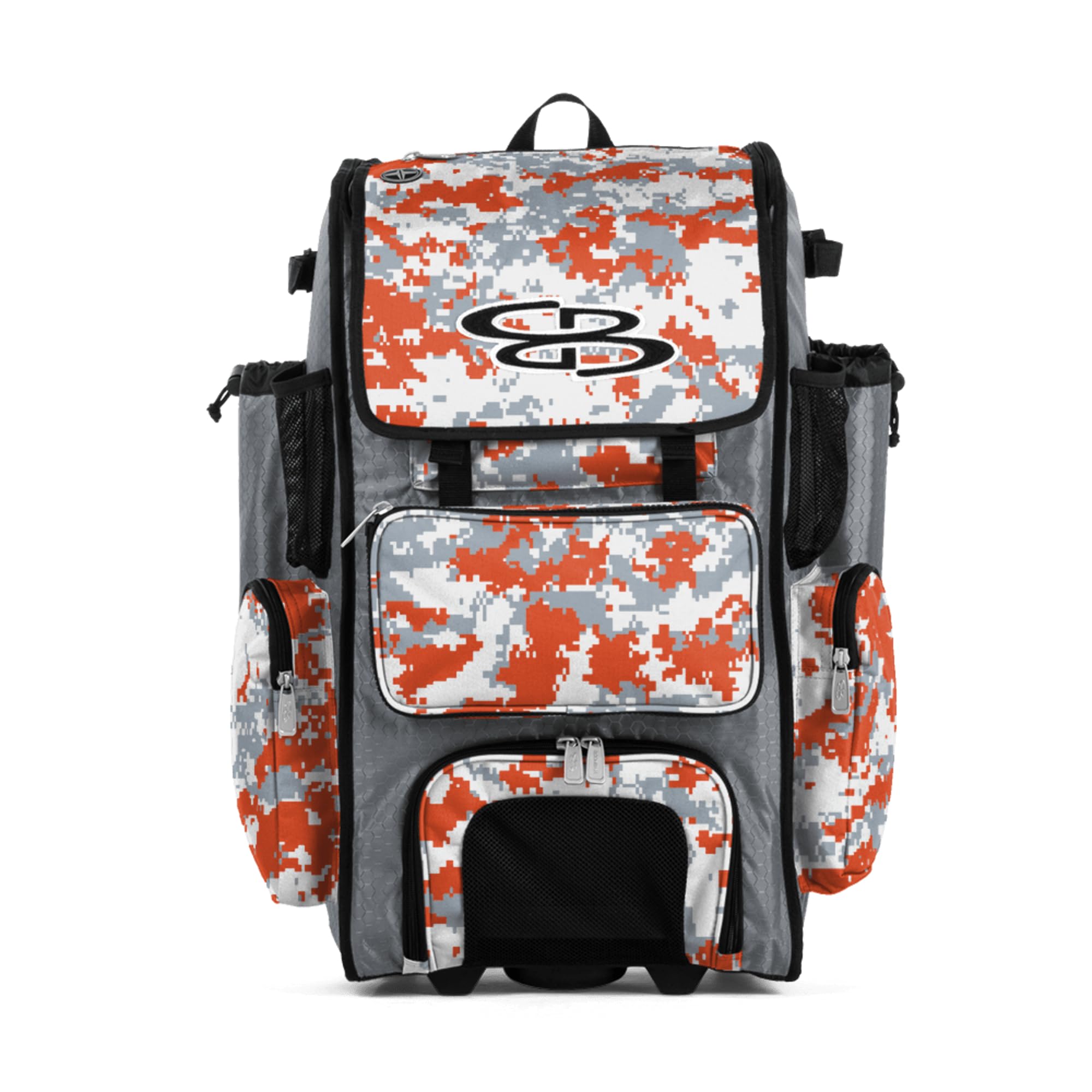Boombah Rolling Superpack Baseball/Softball Gear Bag - BRSP2CMC23 Digital Camo Gray/Orange - Telescopic Handle - Holds 4 Bats - Wheeled Version Image