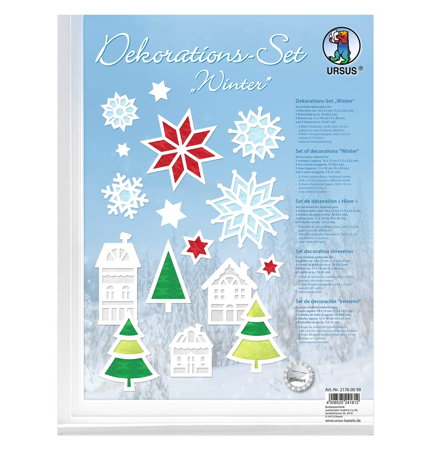 URSUS 21760099 Winter Decoration Set, Photo Cardboard, White, Approx. 24.8 x 33 cm, Laser-Cut Motifs, 8 Sheets of Transparent Paper in 5 Colours, Includes Handicraft Instructions, Colourful