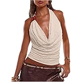 SHENHE Women's Sexy Open Back Lace Halter Crop Top Deep V Draped Beaded Y2k Concert Party Tank