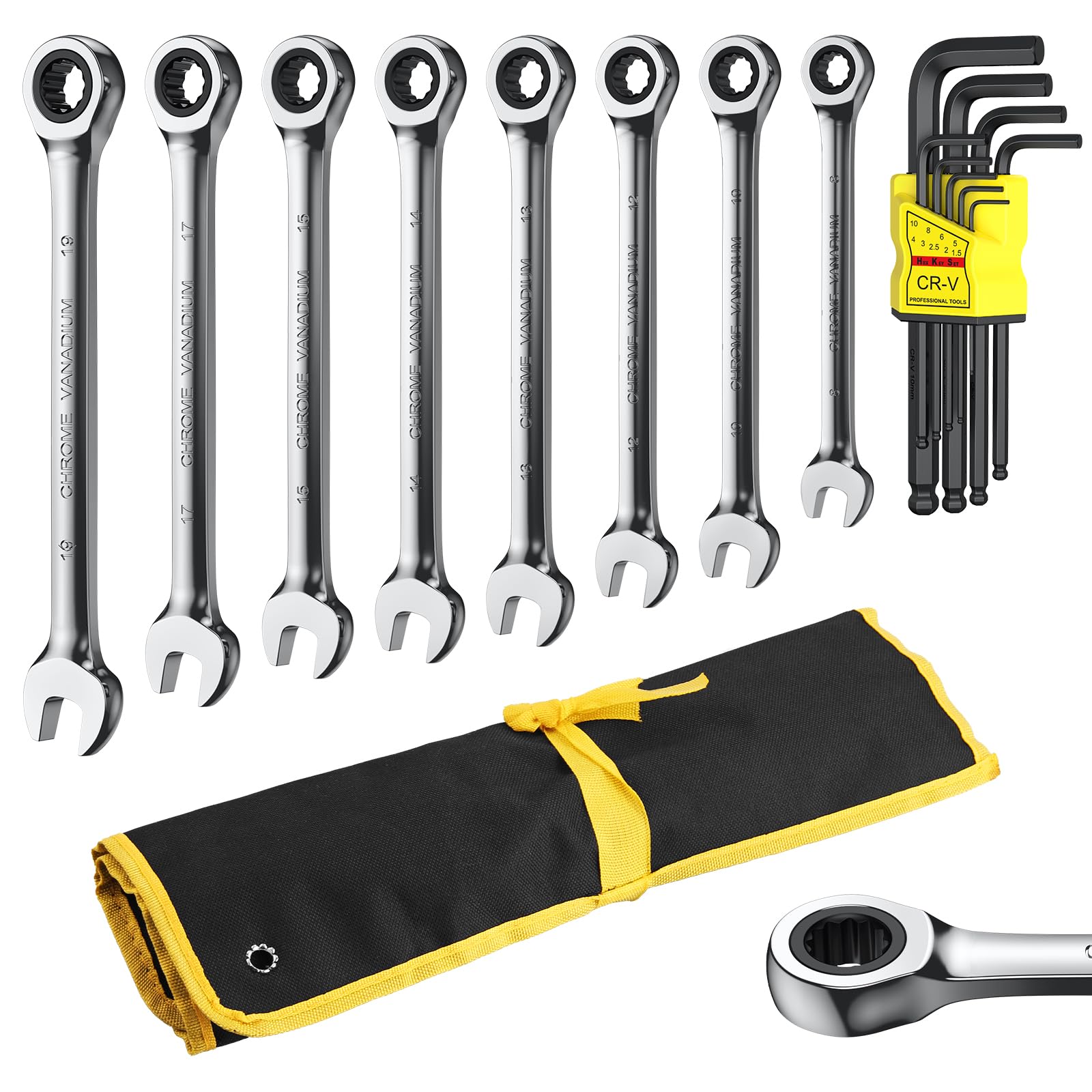 AMTOVL 8Pcs Ratcheting Combination Wrench Set & 9Pcs Allen Keys, Metric 8-19mm 12-Point, CR-V HRC50, Box End and Open End Wrench for Automotive Repair