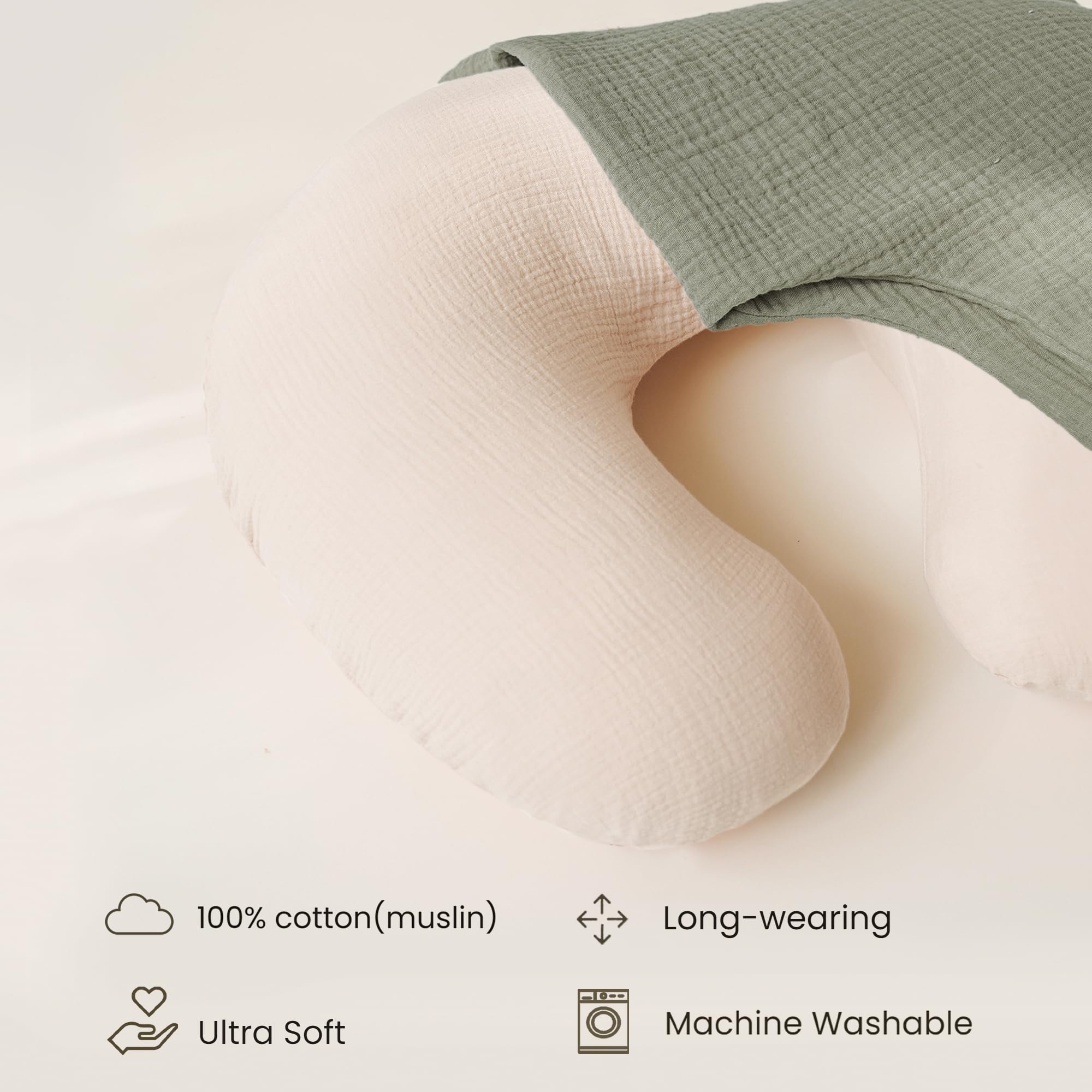Konssy Muslin Nursing Pillow Covers, Soft and Cute Nursing Covers for Breastfeeding Pillows, Ideal for Newborn Baby Boys and Girls (Fog Green, Cream) - 2 Pack