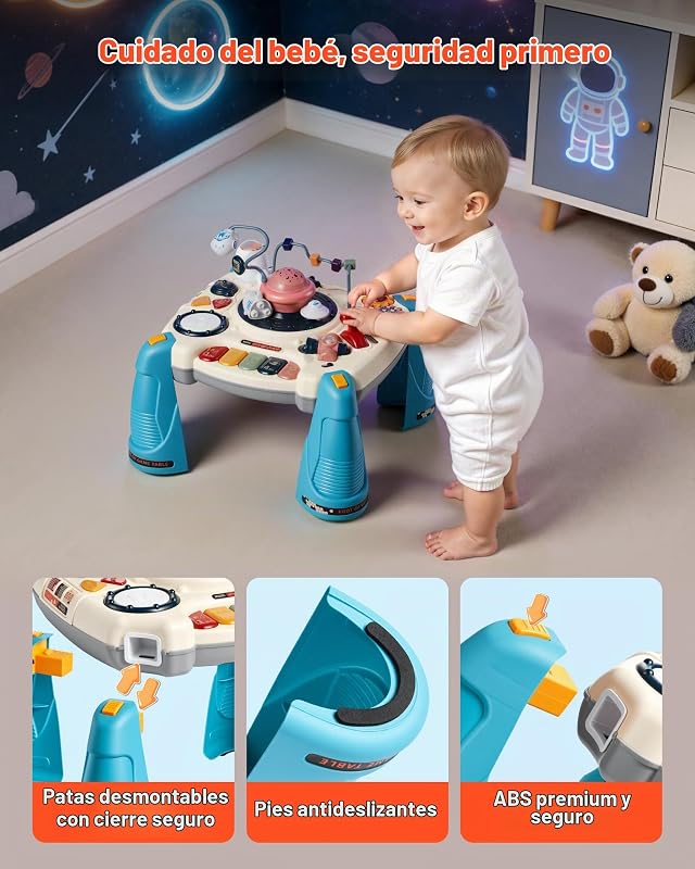 Mesa de Aprendizaje para Niños Más de 6 Meses, Mesa de Actividades de Aprendizaje con Temática Espacial, Proyector de Estrellas con Luz Suave y Más de 60 Fuentes de Sonido, Pilas No Incluidas
