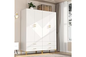 XIWEOT Wood White Wardrobe Closet with Drawers: 4 Doors - 4 Drawers and Armoire with Hanging 1 Rod - Cabinet Handle with Metal Legs - Tall Wardrobe Closet with 20.4" D x 31.5" W x 76.8" H
