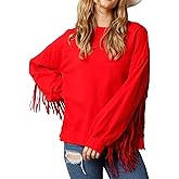 Adoeren Women Oversized Tassel Sweatshirt Fringe Trim Long Sleeve Crewneck Pullover Fall Fashion Drop Shoulder Shirt Top