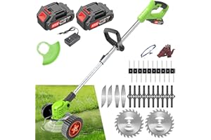 AKENUOKE Electric Weed Wacker Cordless, 21V Weed Wacker Eater Battery Powered, Weed Trimmer with 2 2Ah Battery Operated & Charger, No-String Grass Trimmer/Brush Cutter/Edger for Garden Yard (26 Blades, Wheels)