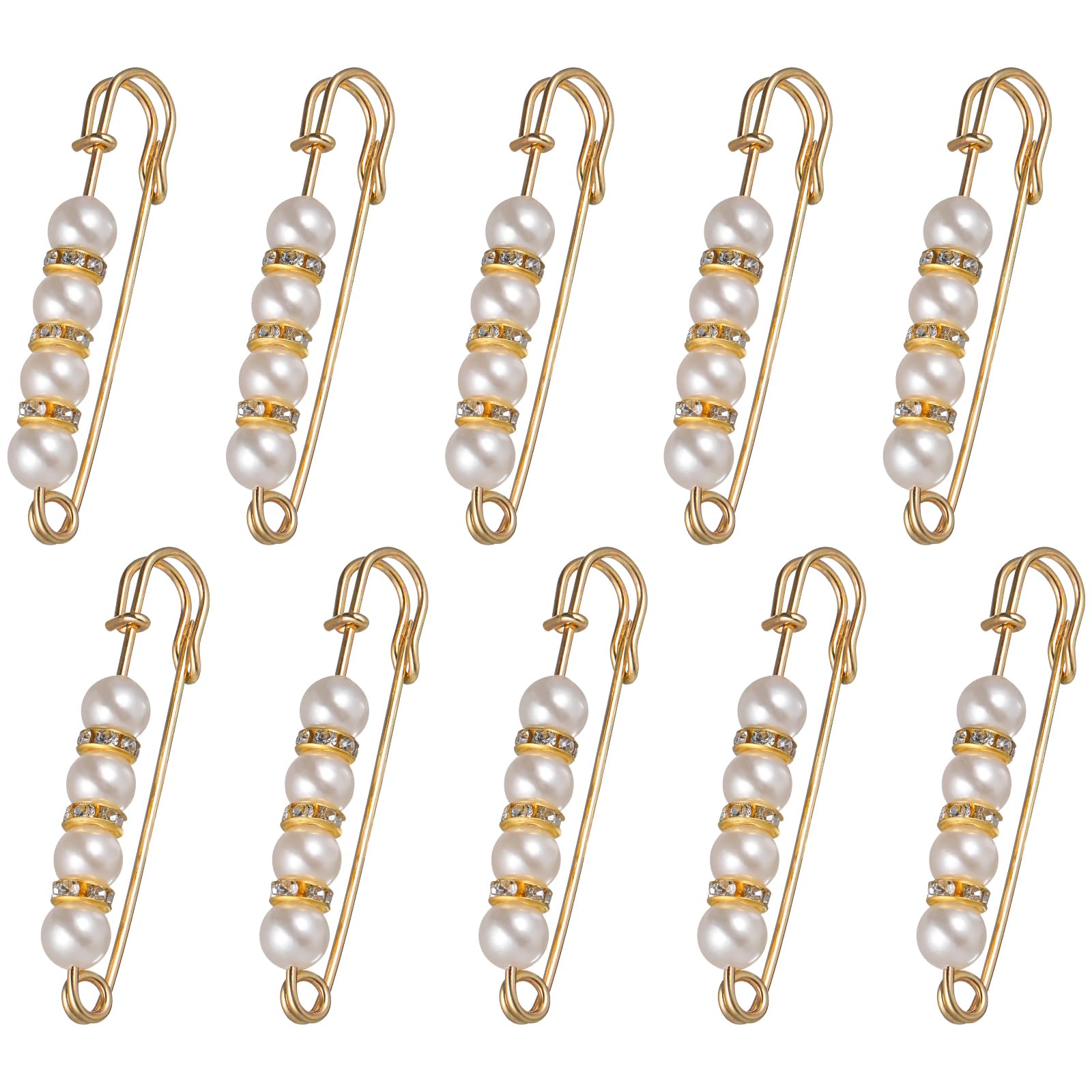 EXCEART 10 Pcs Heavy Duty Safety Pins with Pearl Embellishment Brooch Pin Decorative Sweater Clips for Cardigans, Pants, Clothes, Golden, 5.3X1.5X0.8CM